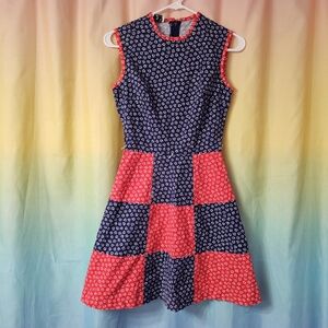 1970's Floral Calico Patchwork A-Line Dress In Navy & Red Retro PBJ By JERELL